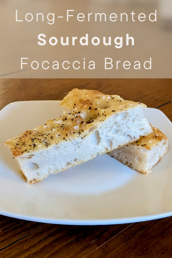 long-fermented sourdough focaccia bread slices on a place