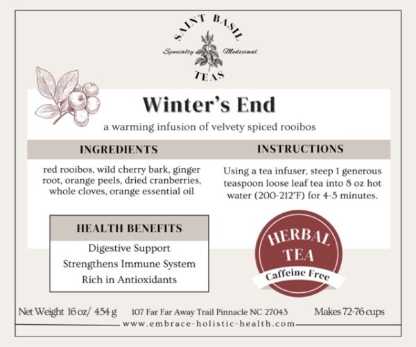 label of winter's end tea from saint basil teas with health benefits and instructions