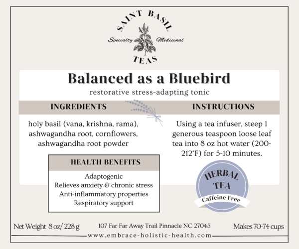 description of large bag of balanced as a bluebird tea with health benefits