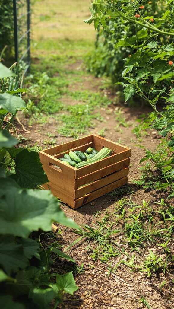 cucumber basket full in garden