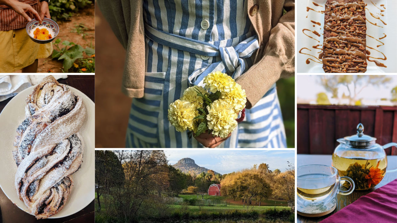 multiple pictures put together of calendula flowers in the garden, bread twists, a girl holding flowers, pilot mountain with a barn and pond, apple bread, and tea pot with a tea cup