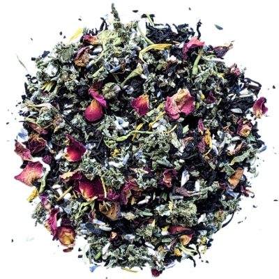 loose leaf tea on a plate with rose petals, lavender, and honeysuckle