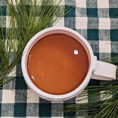 pine needle tea in a white mug with eastern white pine needles