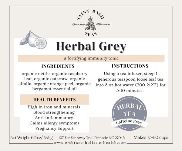 label for Herbal Grey tea 6.5 oz