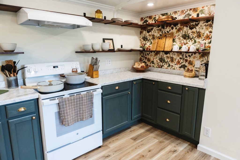 kitchen oven with plates and open shelving