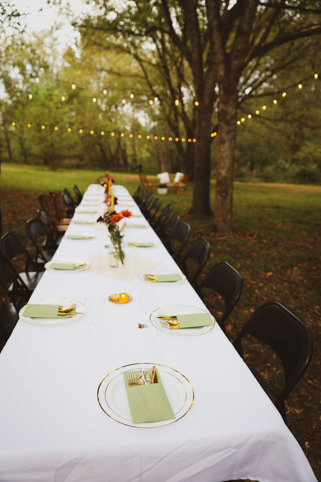 long rectangular tables with white table cloths and place settings for a party with string lights hanging in the trees